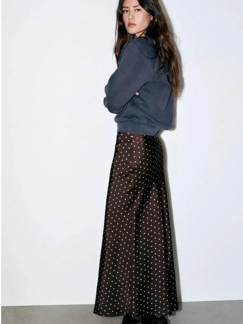Zara Black Polka Dot Satin Maxi Skirt - Picture 2 of 9
